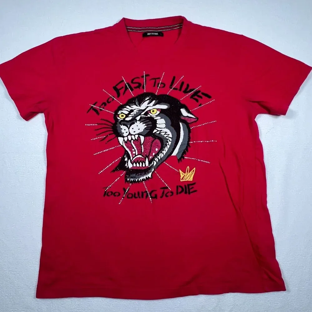 Imperious LG Short Sleeve Shirt Big Cat Rhinestone Graphic Print Red Vintage